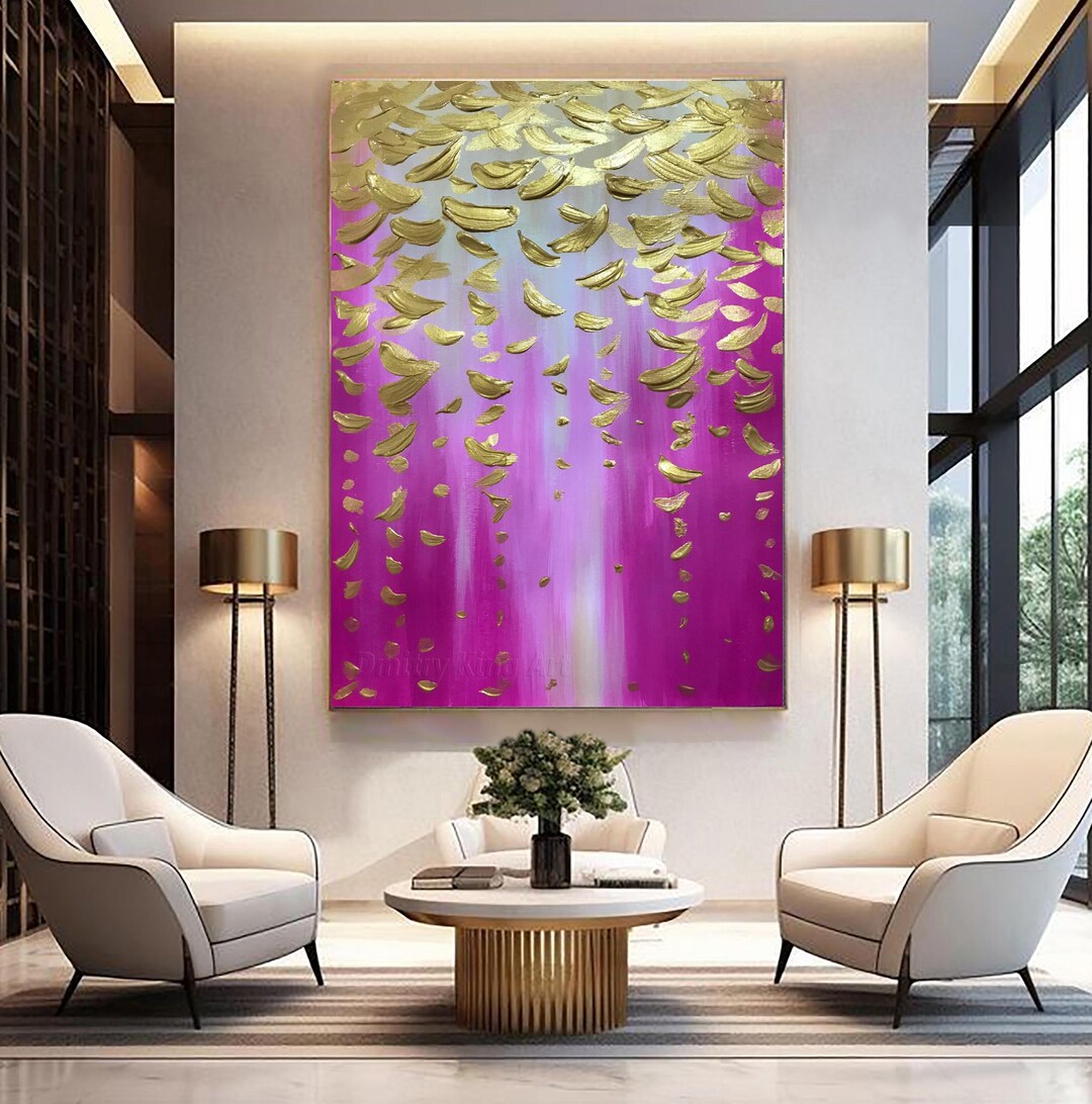 Large Pink Gold Leaf Art Abstract Modern Acrylic Painting Gold Leaf ...