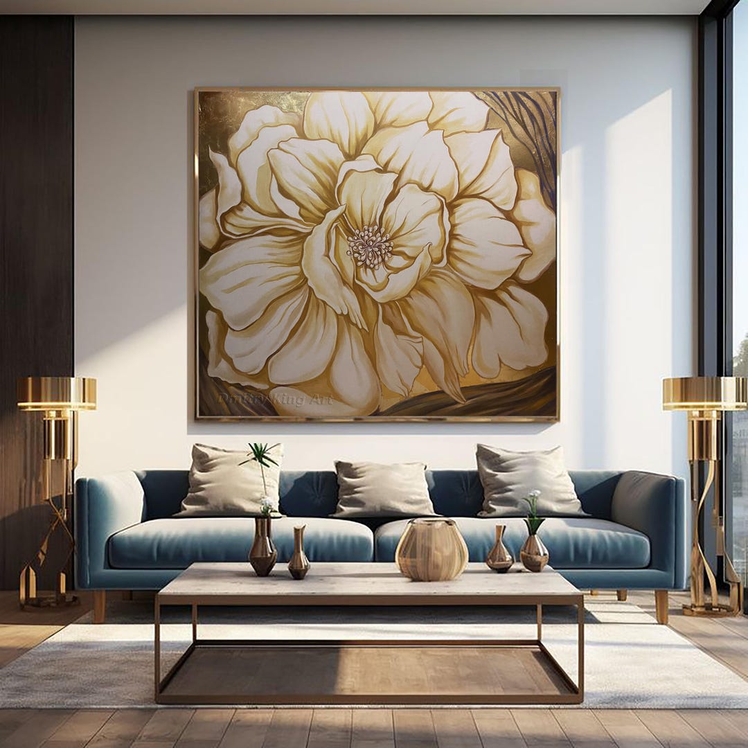 Large Flower Wall Art, Gold Leaf Floral Painting, Original Flower ...