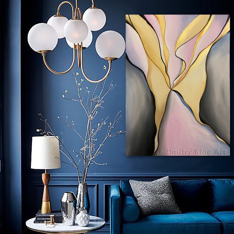 Large Abstract Grey Pink Oil Painting on Canvas Gold Leaf Art Abstract