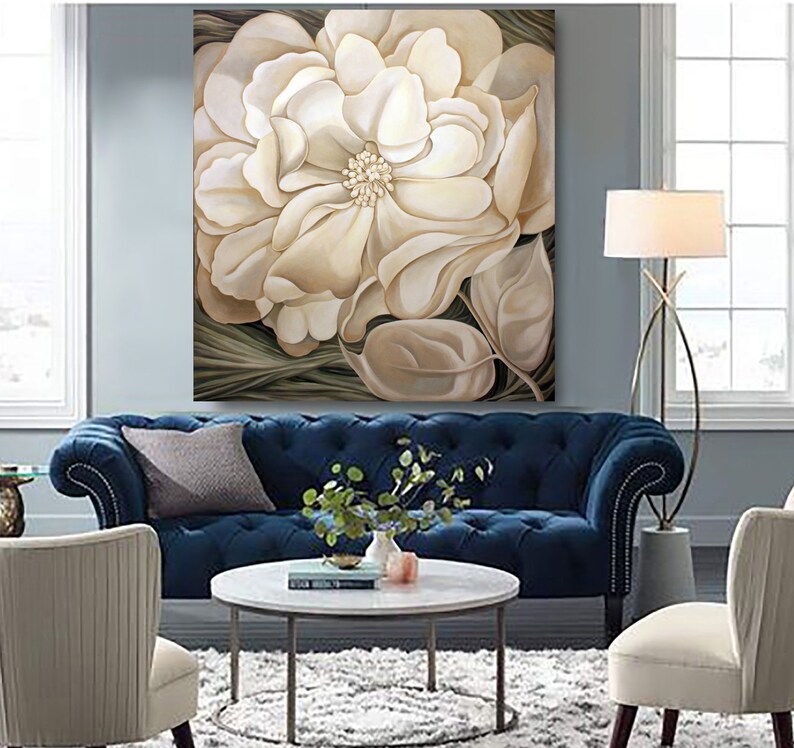 Large White Flower Wall Art Original Beige Flower Painting Etsy Australia