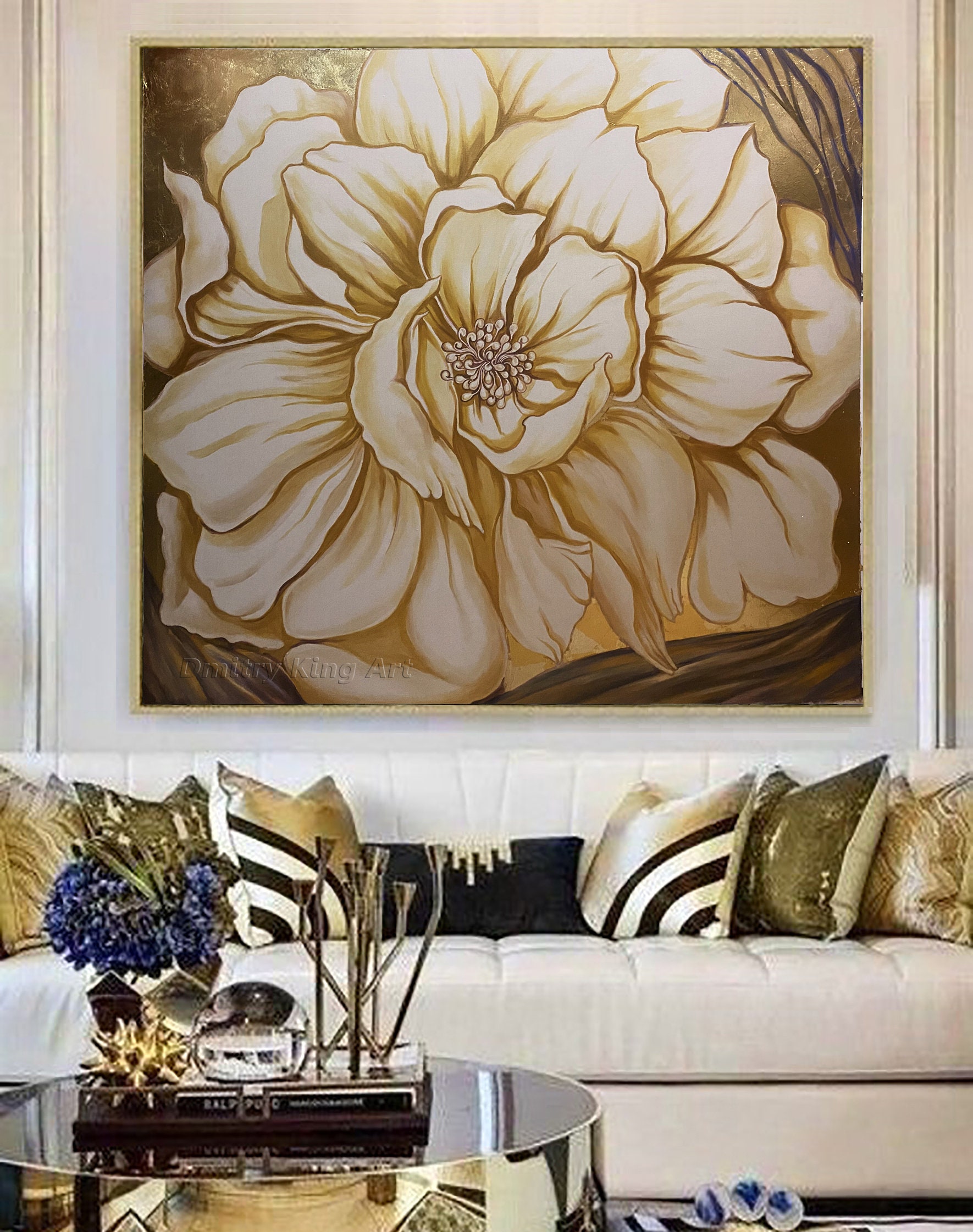 Large Gold Flower Wall Art Floral Painting Gold Leaf Etsy