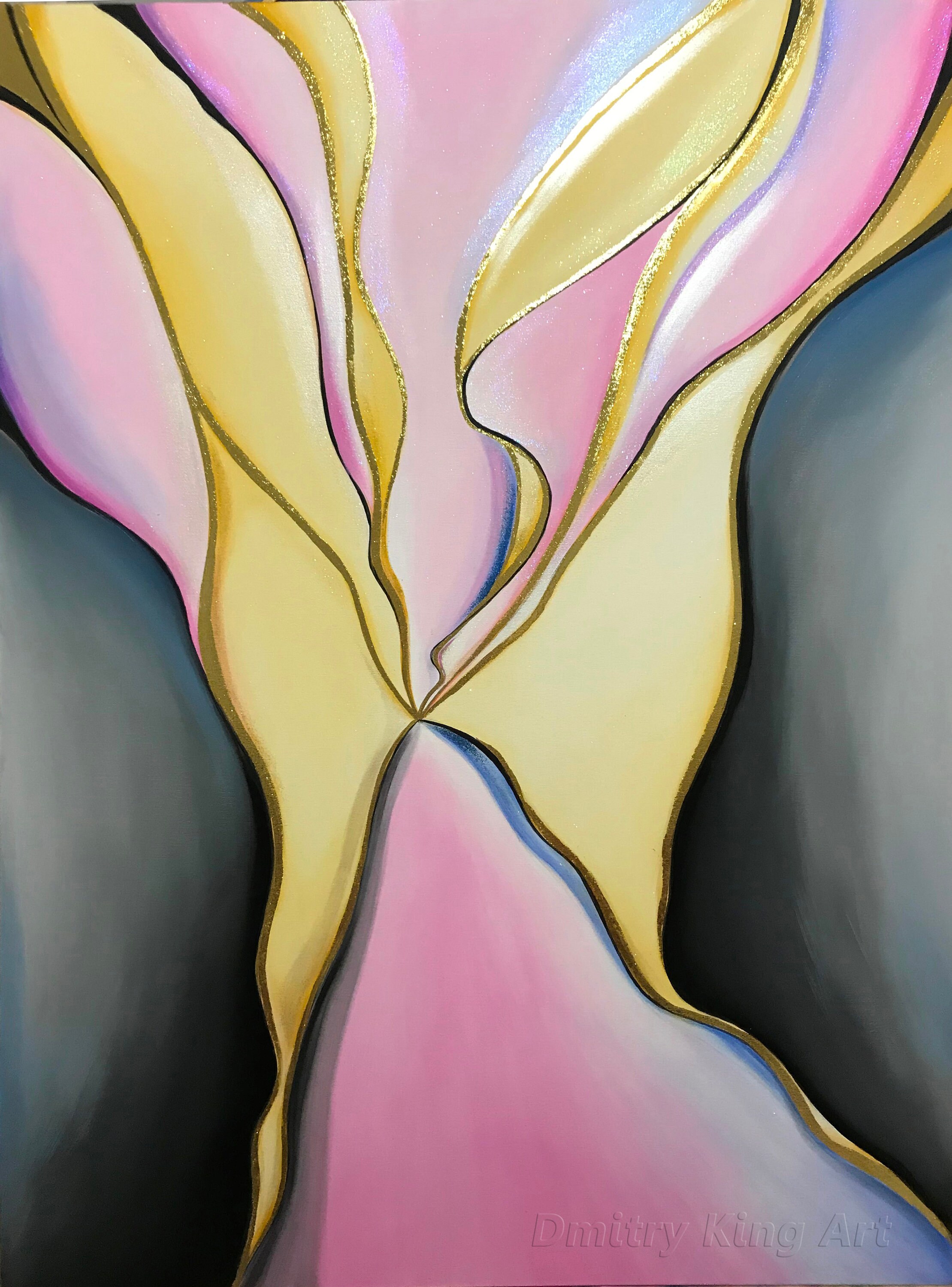 Large Abstract Grey Pink Oil Painting on Canvas Gold Leaf Art Abstract