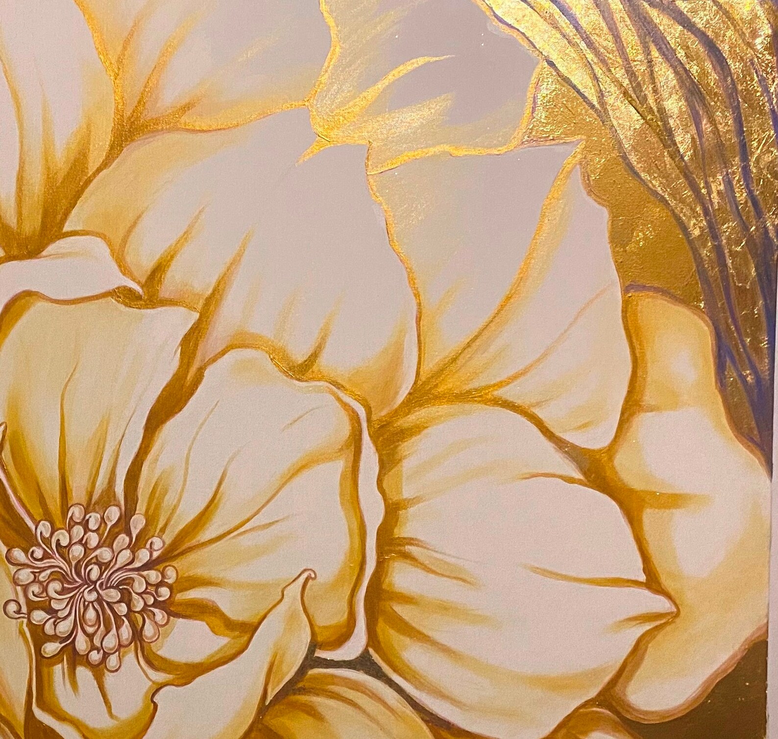Large Gold Flower Wall Art Floral Painting Gold Leaf Etsy