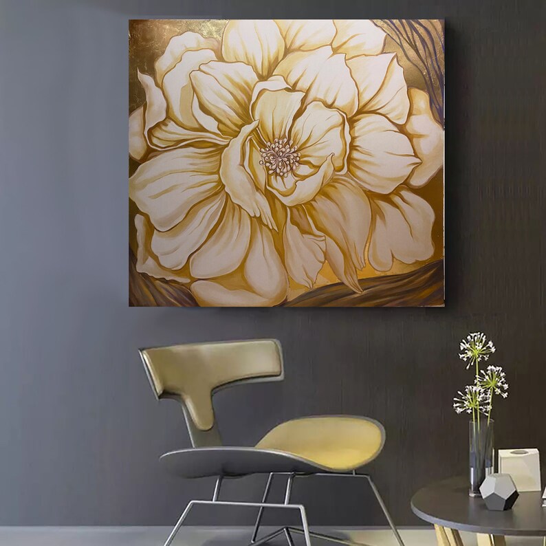 Large Gold Flower Wall Art Floral Painting Gold Leaf Etsy