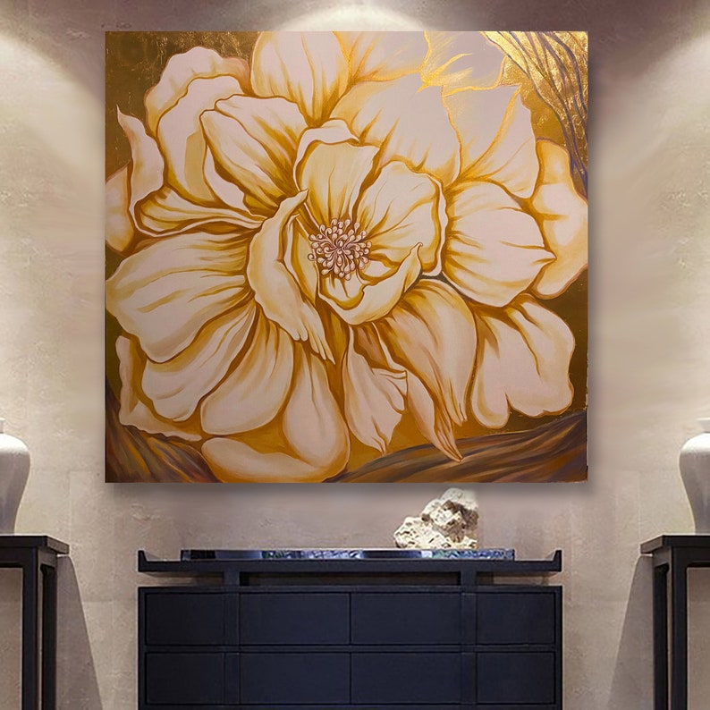 Large Gold Flower Wall Art Floral Painting Gold Leaf Etsy