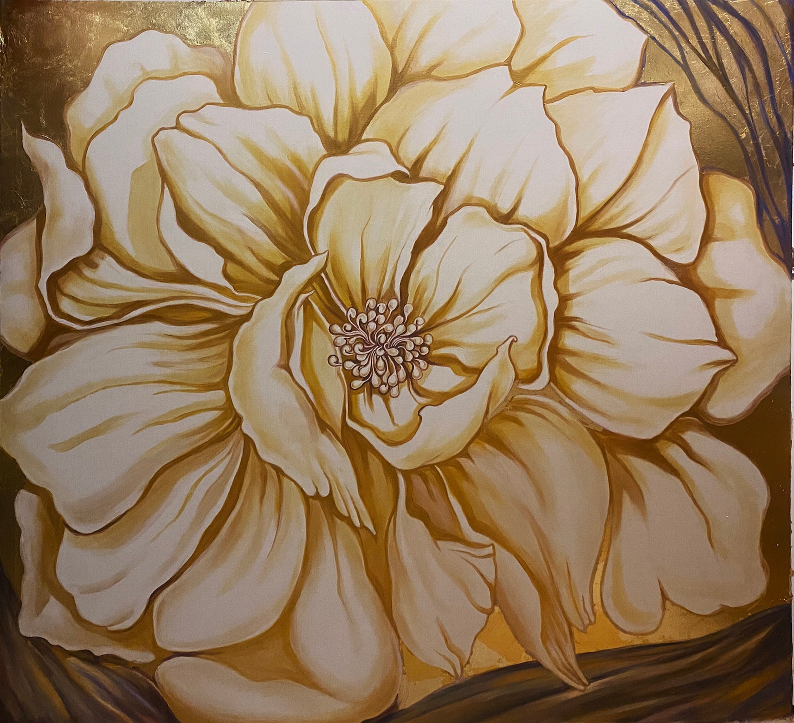 Large Gold Flower Wall Art Floral Painting Gold Leaf Etsy
