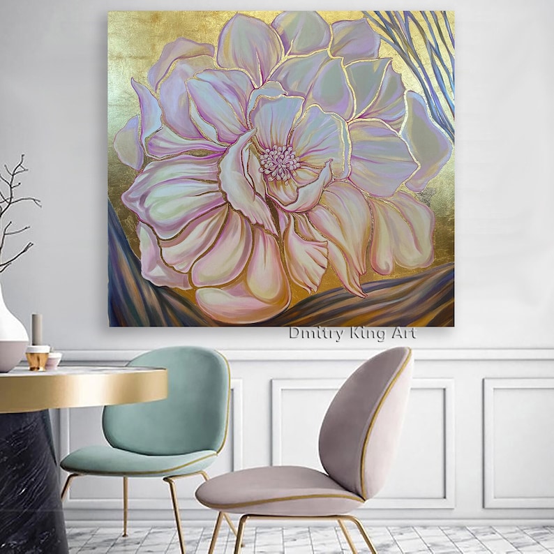 Large Rose Gold Flower Wall Art, Art Deco floral art, Floral Painting, Gold leaf painting
