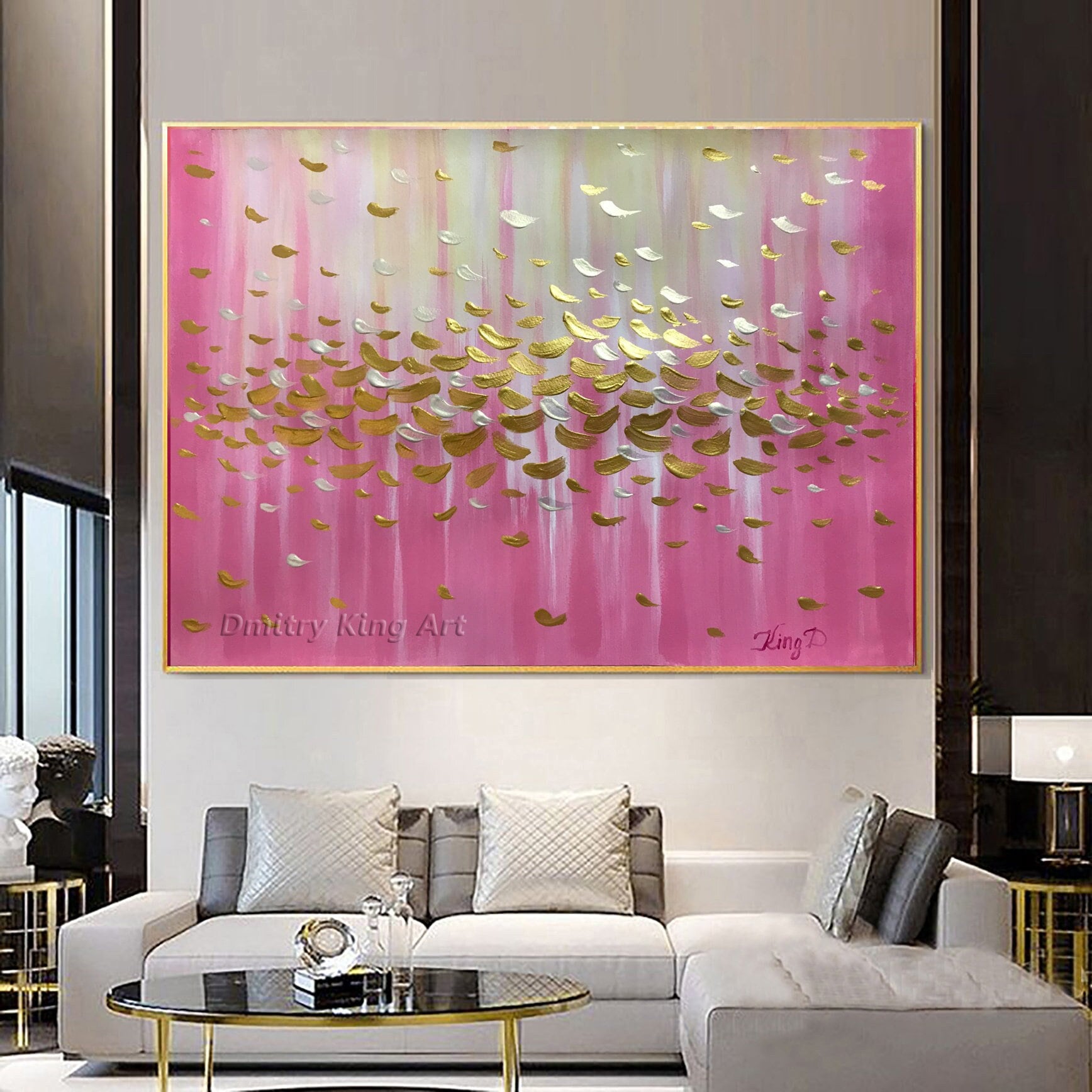 Modern Pink Gold Abstract Oil Painting Gold Leaf Canvas Painting Large ...