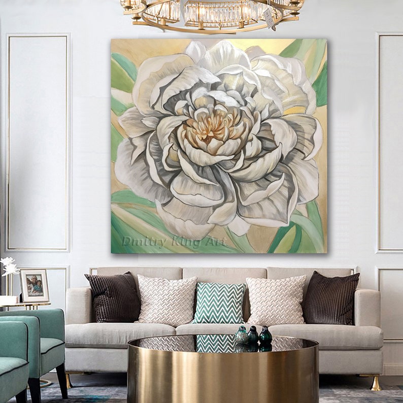 Large White Flower Wall Art Gold Green Floral Art Abstract Etsy