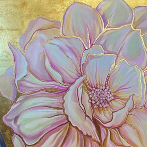 May include: A close-up of a large, pale pink flower with delicate, white petals and a golden center. The flower is painted on a gold background.