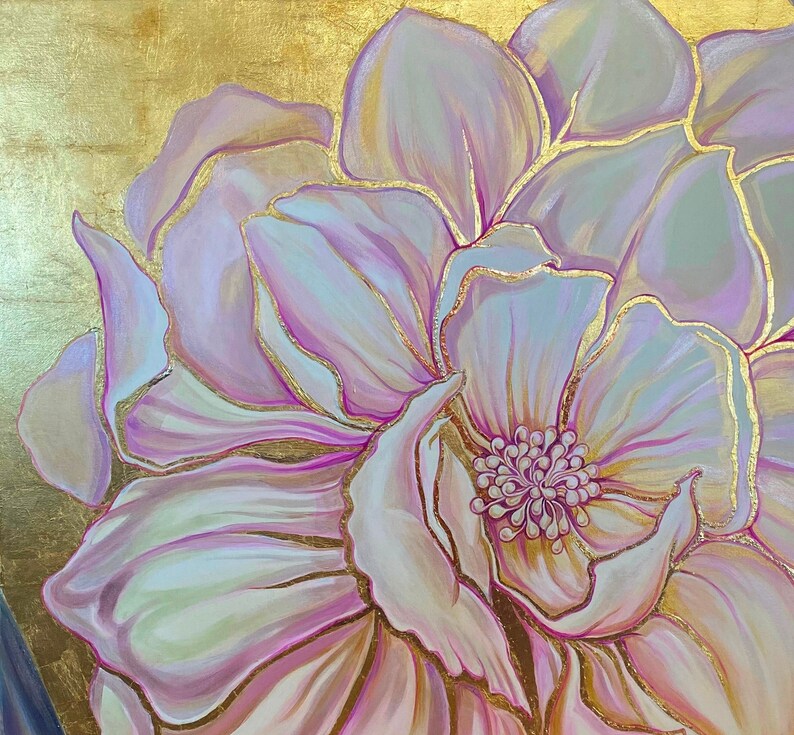 May include: A close-up of a large, pale pink flower with delicate, white petals and a golden center. The flower is painted on a gold background.