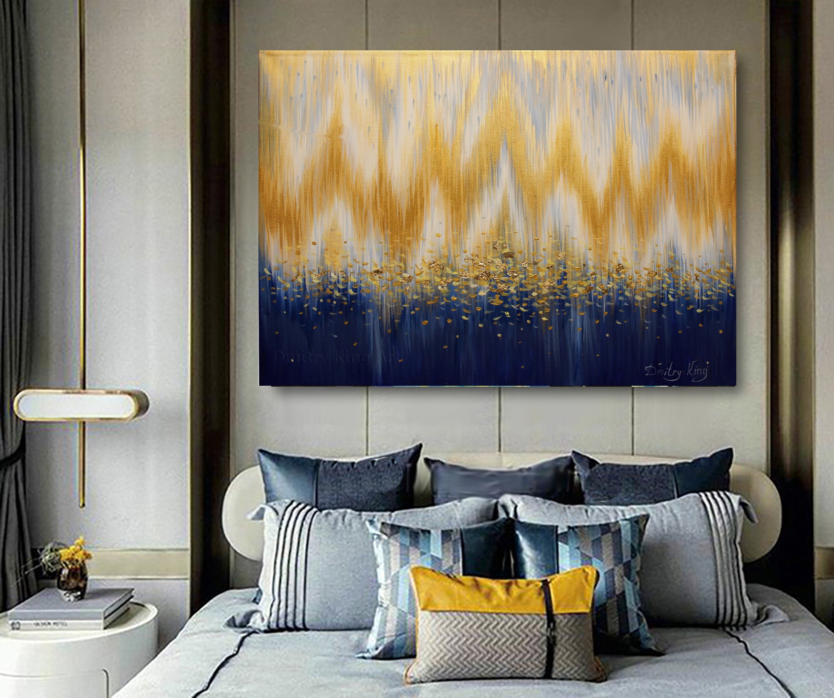 Large Abstract Blue Gold Art Painting on Canvas, Gold Abstract Painting ...
