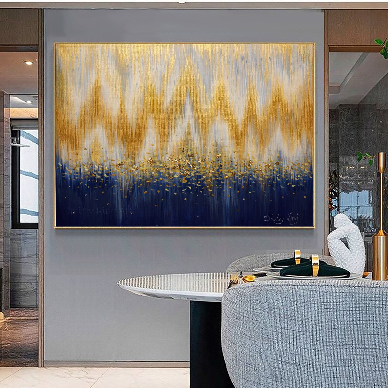 Large Abstract Blue Gold Art Painting on Canvas, Gold Abstract Painting ...