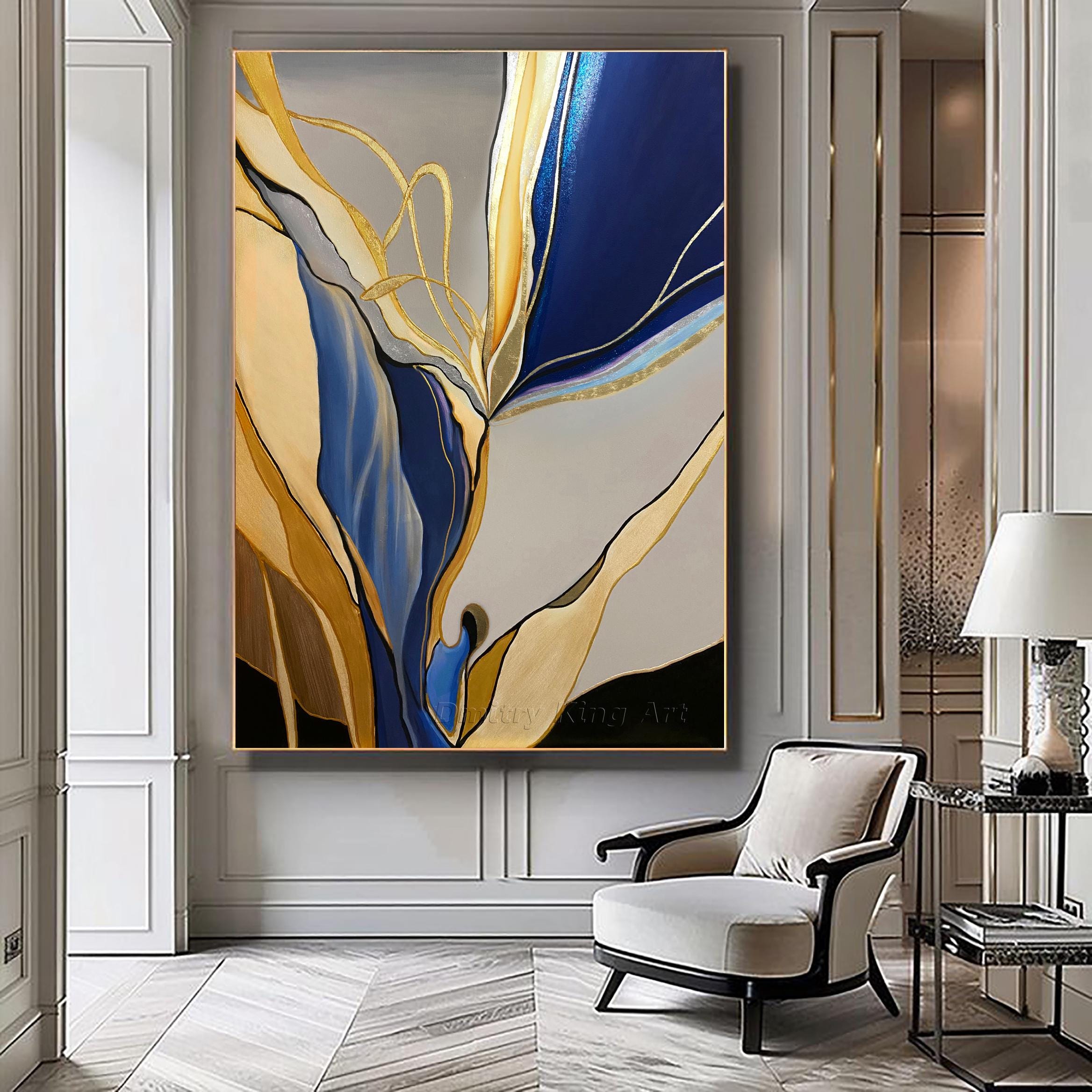 Large Abstract Gold Leaf Painting Blue Gray Abstract Art Canvas Modern ...