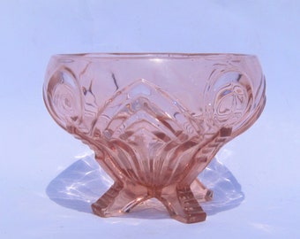 Art Deco Sowerby pink rose bowl, pattern no.2570, pressed 1930s British glass, charming dressing table piece