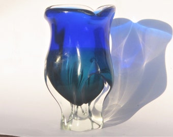 A Czech Chribska glass vase, cased cobalt blue and sea green, Josef Hospodka 1970s