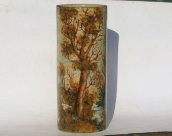 REDUCED Carlo Morelli handpainted cylinder vase, woodland landscape, height 9 and a half inches, Ceramics Morelli, vintage Italian art