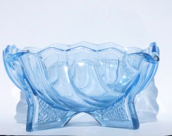 Rosice Deco style blue glass pedestal bowl, 1950s glass, Sklo Union, Czech Bohemian glass, diameter 19 cm