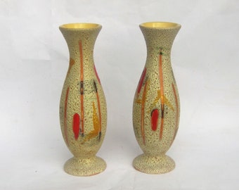 Pair of matching Scheurich stem vases 210/21, West German Pottery late 50s, 21 cm height, enamel on a volcanic glaze