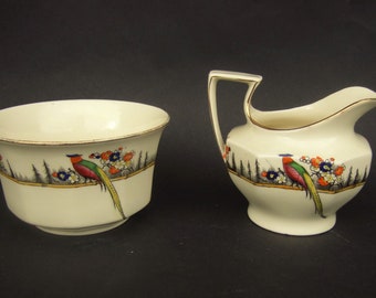 Grimwades Royal Winton Ivory Cream Jug and Sugar Bowl Art Deco 1930s Staffordshire China Bird of Paradise