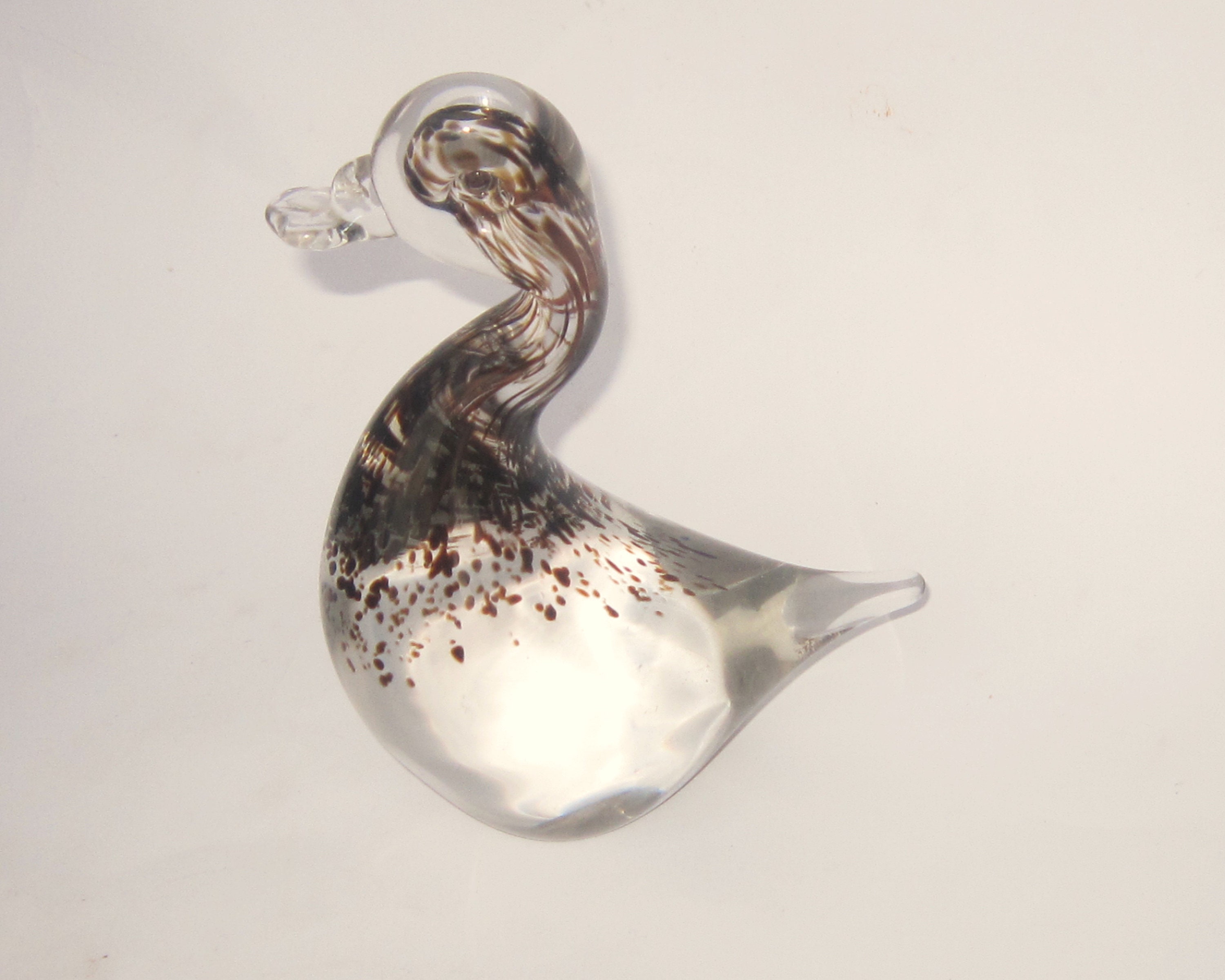 Wedgwood speckled glass duck, brown and clear, Ronald Stennett-Willson design RSW 232, 1970S British  glass animal, 6.75  height