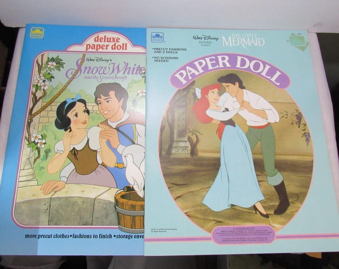 Vintage 1991 New Walt Disney The Little Mermaid/Snow White Paper Doll Books