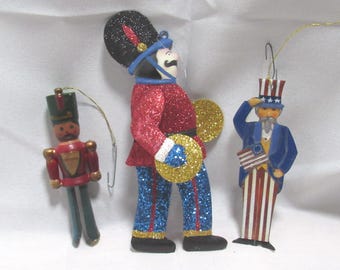 3 Assorted Soldier & Uncle Sam Christmas Ornaments (S39)