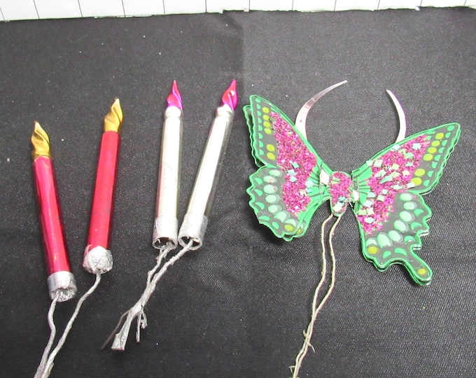 5 VTG Glass Candle and 1 Metal Butterfly Wrap Christmas Ornaments  (s3)