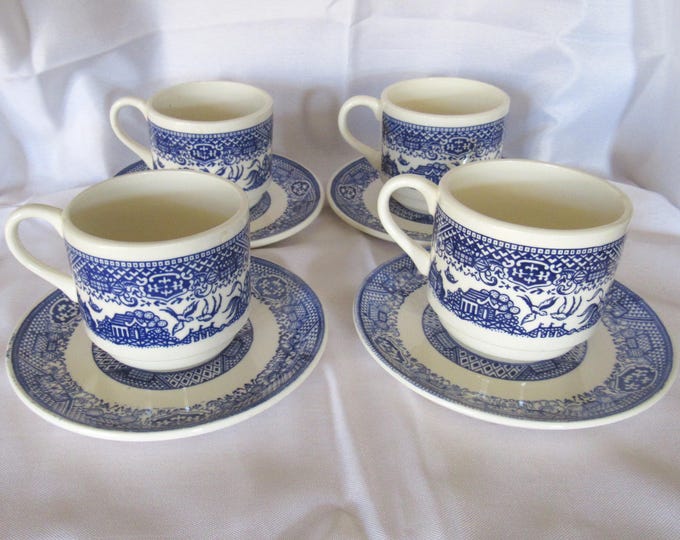 4 Royal China Blue Willow Cup & Saucers (Shop)