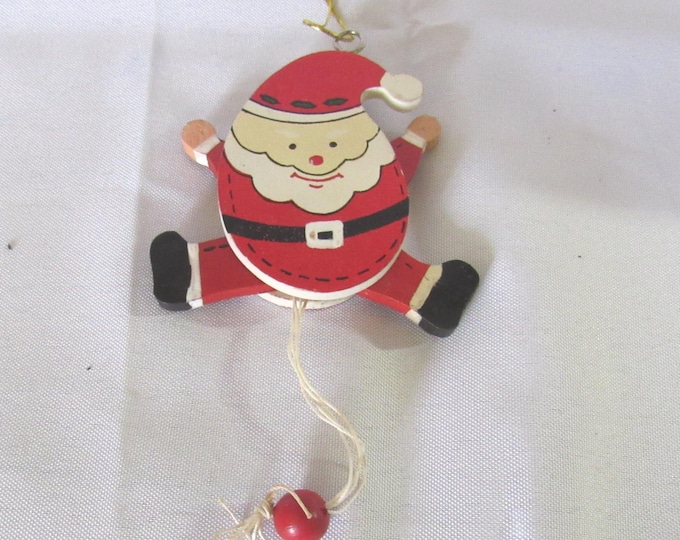 Vintage Pull String Wooden Santa Ornament w/ Moving Arms & Legs (bsE9)