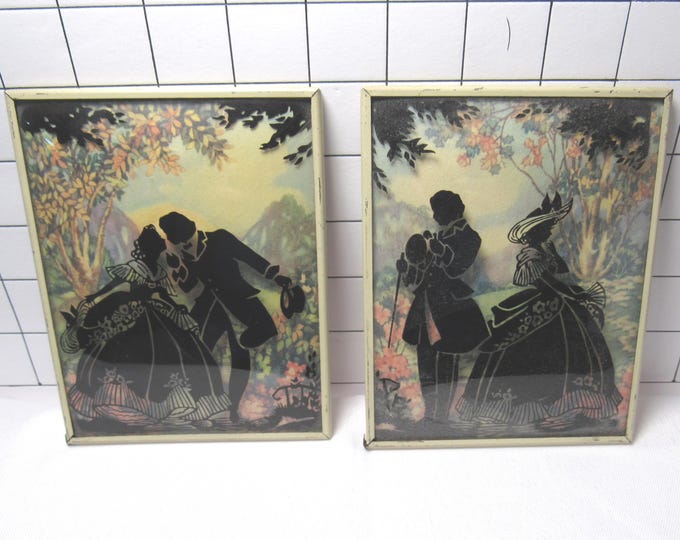 Vintage Convex Glass Silhouette Art Pair of Courting Couples Reverse Painted Wall Hangings (H)