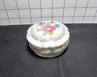 Vintage Round China Trinket Box with Floral Design Made In Japan (H)