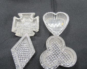 4 Vtg Clear Pressed Glass Glass Open Salt Cellars - Heart, Club, Diamond, Iron Cross (#66)