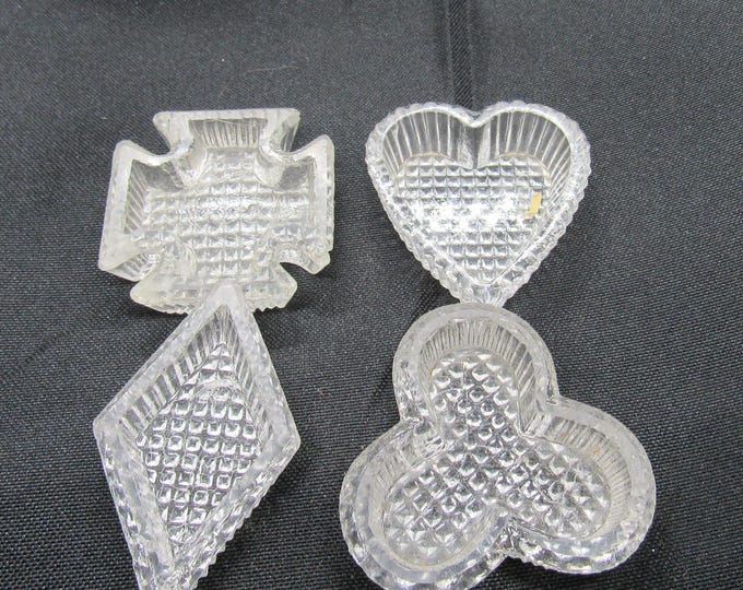 4 Vtg Clear Pressed Glass Glass Open Salt Cellars - Heart, Club, Diamond, Iron Cross (#66)