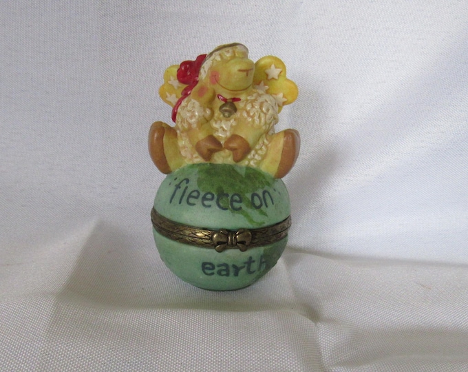 1999 Ceramic Angel Lamb on Globe "Fleece on Earth" Hinged Trinket Keepsake Box