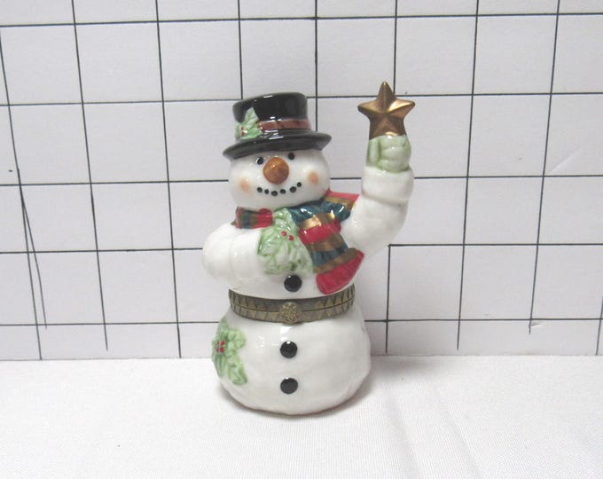 Ceramic Snowman Holding Star Hinged Trinket Keepsake Box 4" (H)