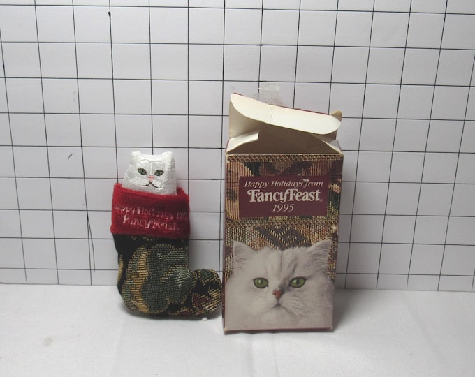 VTG 1995 Fancy Feast White Cat in Stocking Christmas Ornament (bx1)