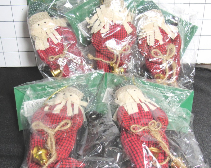 5 Vintage 1990's Merrybrite Stuffed Santa Ornaments in Packages (Bx 2)