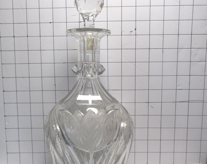 Antique Heavy Cut Glass Decanter with Stopper - Tulip Pattern (H)