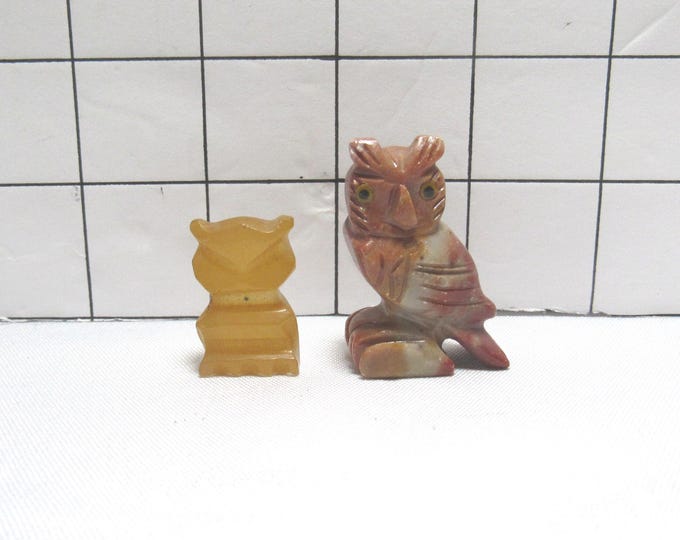 2 Mini Carved Stone Owl Figurines