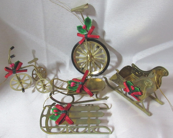 Set of 5 Vtg Brass Christmas Ornaments - Unicycle/Trike/Small Sled/Sleigh/Sled (S5)