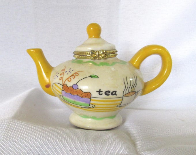Vintage Teapot Yellow Handle Hinged Trinket Box Keepsake Collectible