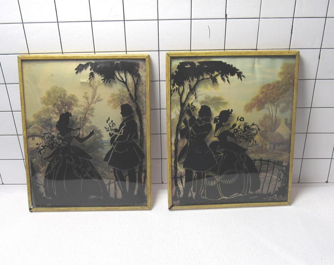 Vintage Convex Glass Silhouette Art Pair of Courting Couples Reverse Painted Wall Hangings (H)