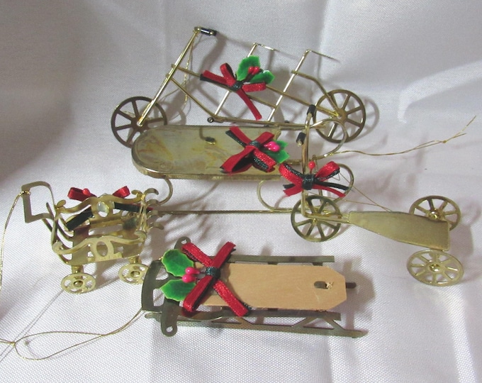 Set of 5 Vtg Brass Christmas Ornaments - Tandem Bike/Sled/Sled w/Wood/Scooter/Baby Carriage (s4)