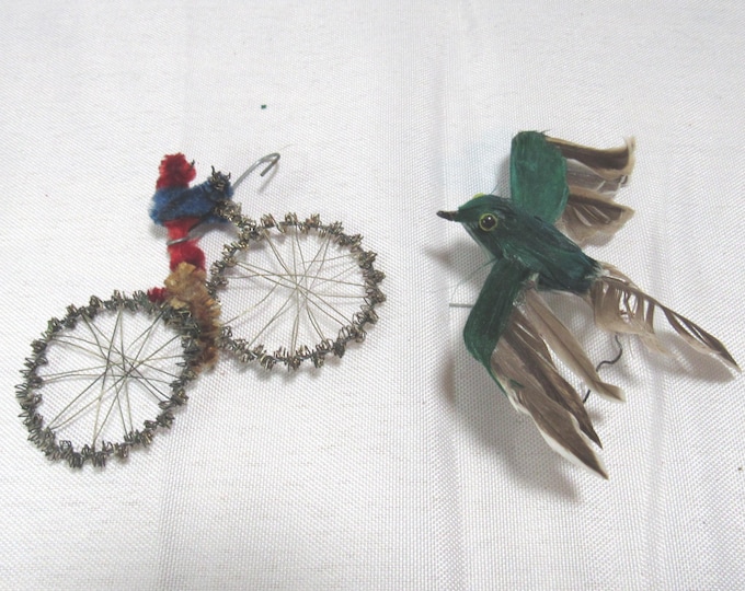 2 Vintage Christmas Ornaments Monkey on Bicycle/Bird (bs E11)