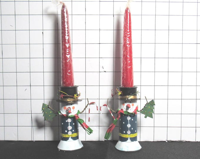 Pair of Metal Snowmen Candleholders w/2 Red Candles (Bx 2)