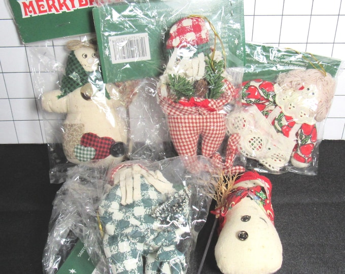 5 Assorted Vintage 1990's Merrybrite Stuffed Christmas Ornaments in Packages (Bx 2)