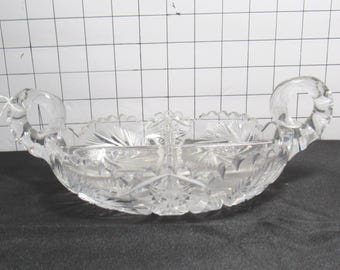 Antique Heavy Cut 7" Double Handle Shallow Divided Glass Bowl - Whirling Star (Buzz Saw) w/Sawtooth Edge (shop)