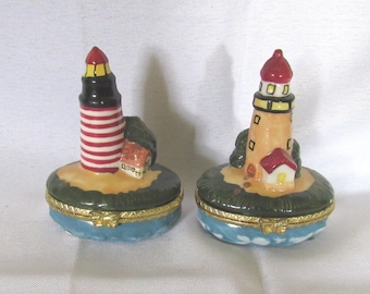2 Young 2001 Ceramic Lighthouse Hinged Trinket Boxes