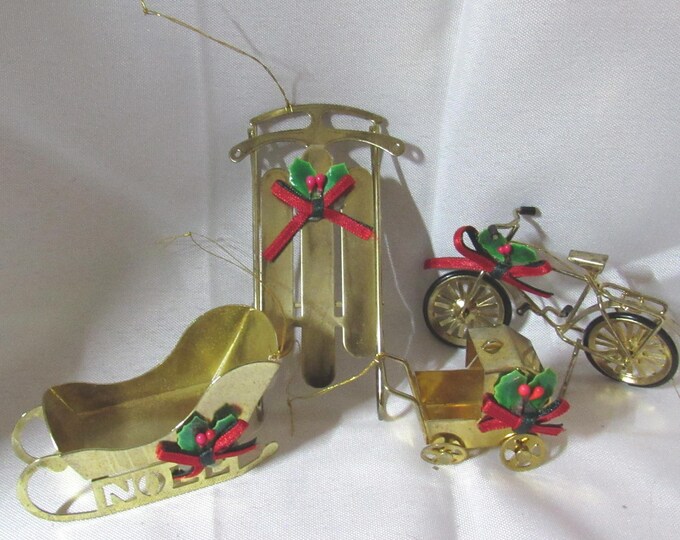 Set of 4 Vtg Brass Christmas Ornaments - Sled/Bike/Sleigh/Baby Carriage (s2)